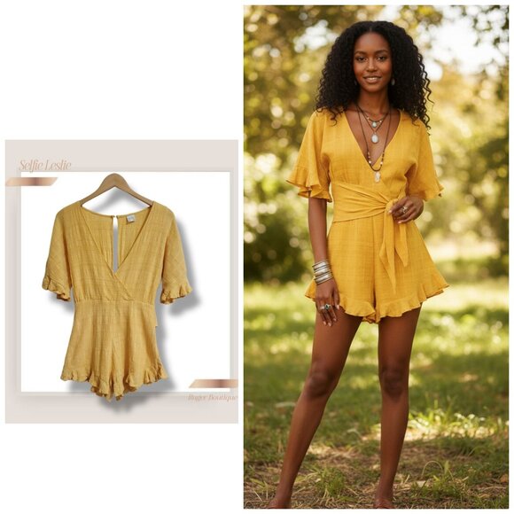 🌿Selfie Leslie Karin Frill Trim Waist Tie Romper Mustard Boho Womens Small - Picture 1 of 14